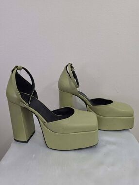 Leather Platform Block Heel Ankle-Strap Pumps Olive Green